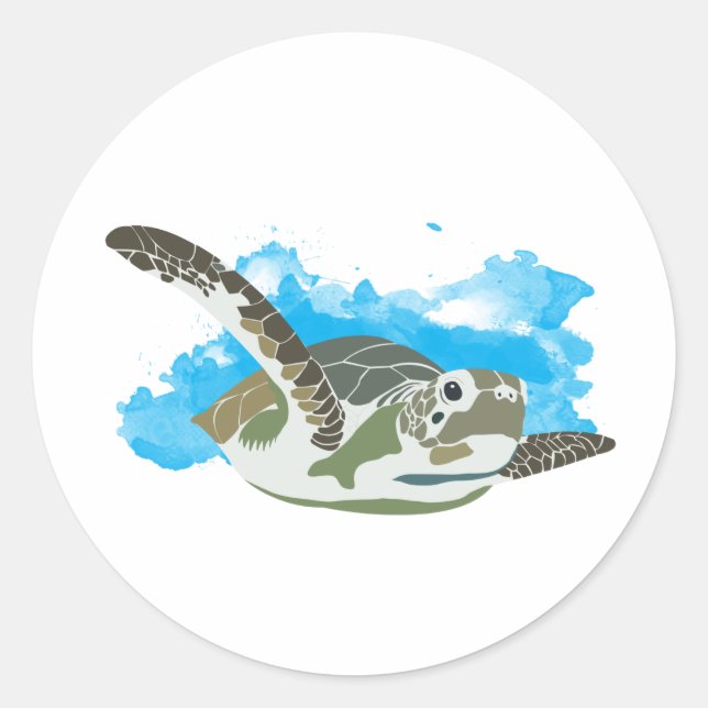 Sea Turtle Swimming in Watercolor Design Classic Round Sticker (Front)