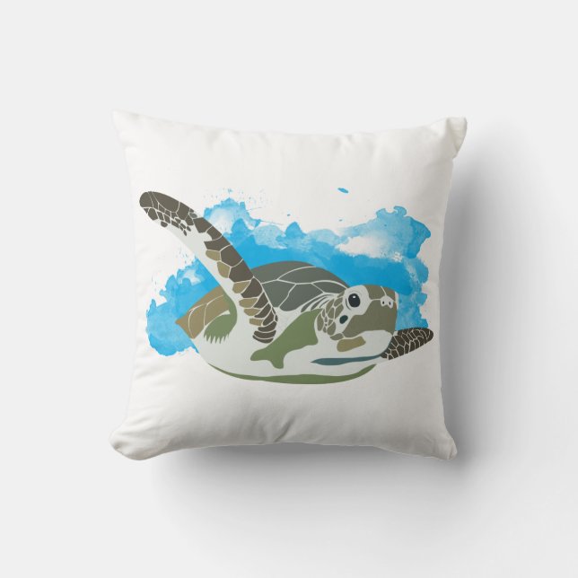 Sea Turtle Swimming in Watercolor Design Cushion (Front)