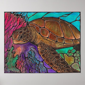 sea turtle swimming poster