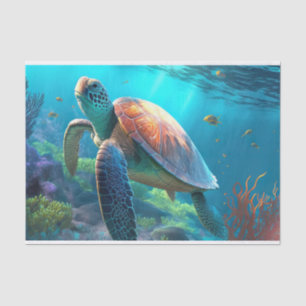 Sea Turtle, Tropical Fish and Coral in Blue Ocean Tissue Paper