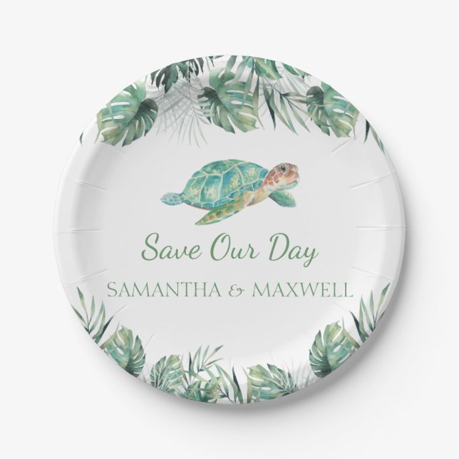 Sea Turtle Tropical Leaves Watercolor Wedding Paper Plate (Front)