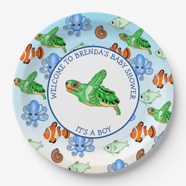 Sea Turtle Under the Sea Themed Baby Shower Paper Plate (Front)