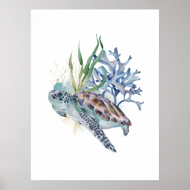 Sea Turtle Under the Sea Watercolor Wall Art (Front)