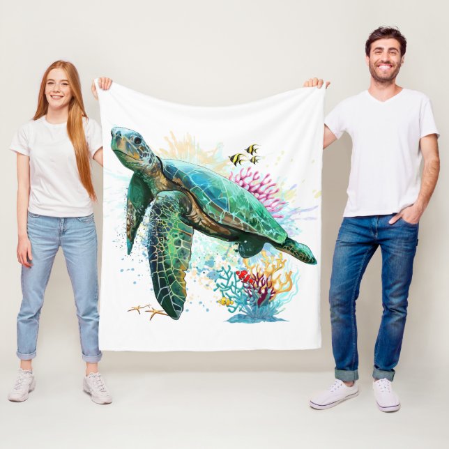 Sea turtle underwater watercolor Style Fleece Blanket (In Situ)