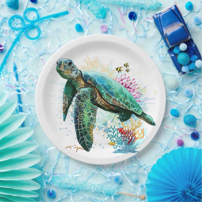 Sea turtle underwater watercolor Style Paper Plate (Party)