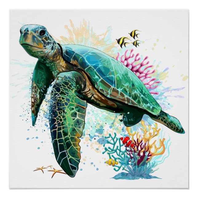 Sea turtle underwater watercolor Style Poster (Front)