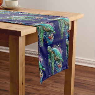 Sea turtle underwater watercolor Style Short Table Runner