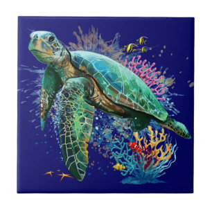 Sea turtle underwater watercolor Style Tile