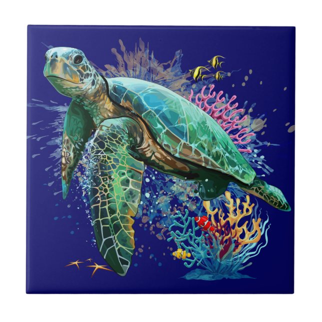Sea turtle underwater watercolor Style Tile (Front)