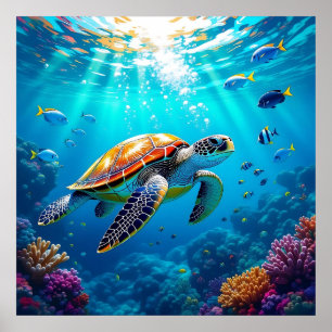 Sea Turtle Vibrant Colourful Underwater Scene Poster