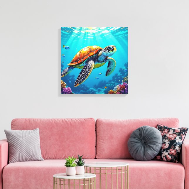 Sea Turtle Vibrant Ocean Illustration Canvas Print (Insitu(LivingRoom))