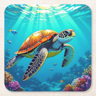 Sea Turtle Vibrant Ocean Illustration Square Paper Coaster
