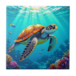 Sea Turtle Vibrant Ocean Illustration Tile