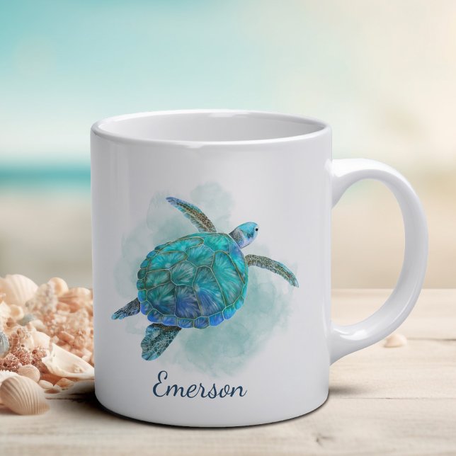 Sea Turtle Watercolor Aqua Blue Personalised Coffee Mug (Creator Uploaded)