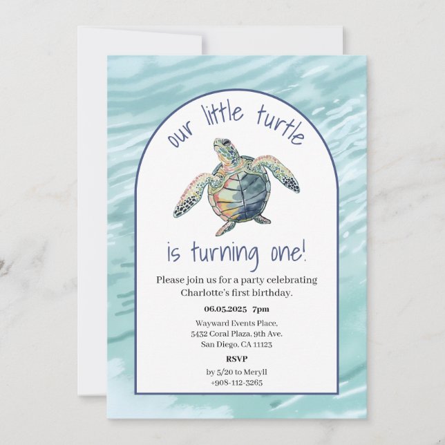 Sea Turtle Watercolor Birthday Invite (Front)