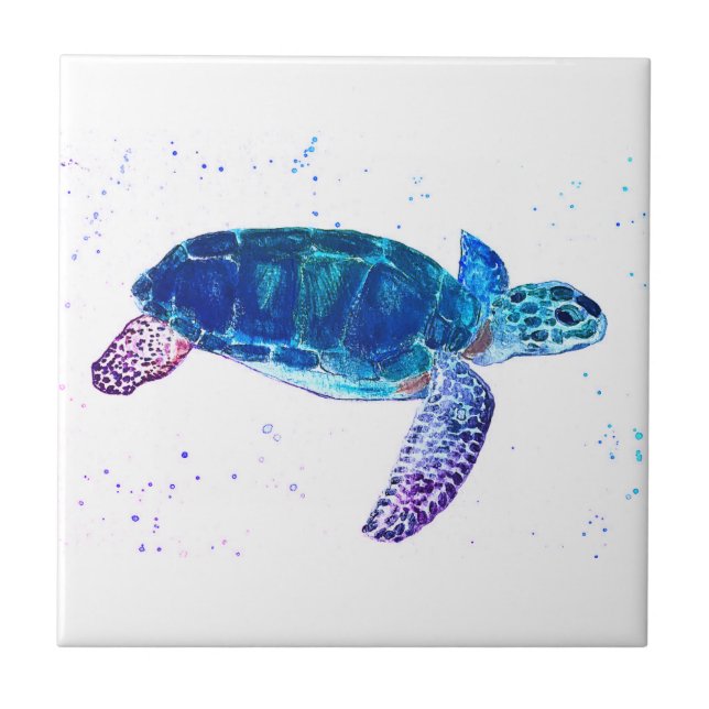Sea turtle Watercolor Green Nautical Ocean Tile (Front)