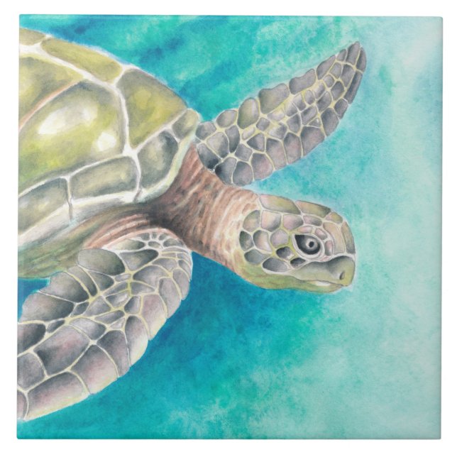 Sea Turtle Watercolor Green Tile (Front)