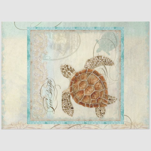 Sea Turtle Watercolor Script Ephemera Decoupage Tissue Paper (Front)
