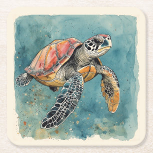 Sea Turtle Watercolor Square Paper Coaster