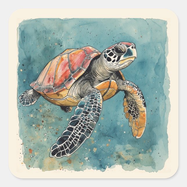 Sea Turtle Watercolor Square Sticker (Front)