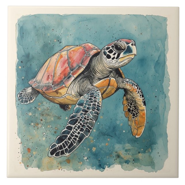 Sea Turtle Watercolor Tile (Front)