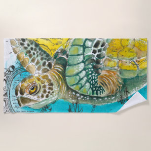 Sea Turtle Watercolor Vintage Map white Beach Towel