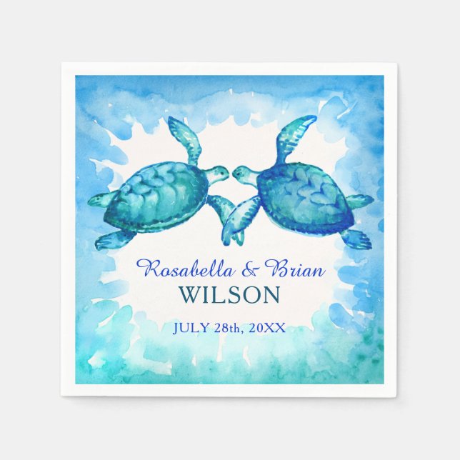 Sea Turtle Wedding Napkins | Blue Green Watercolor (Front)
