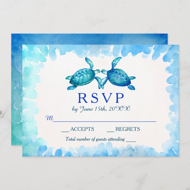 Sea Turtle Wedding RSVP Cards | Blue and Green (Front/Back)
