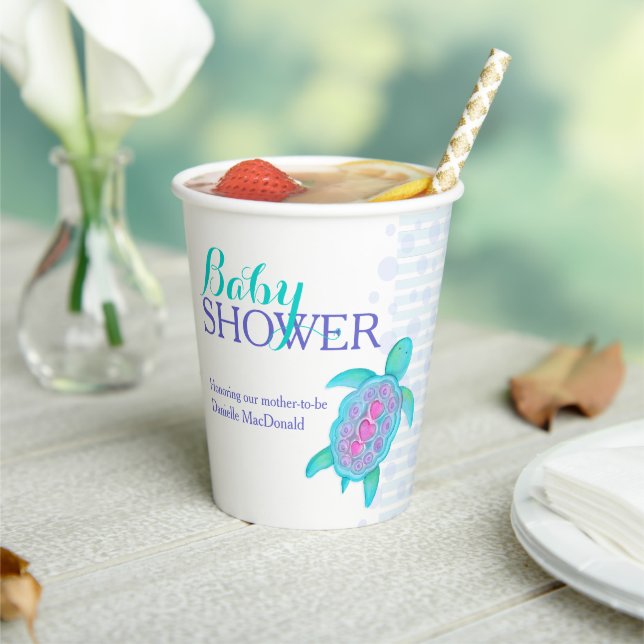 Sea turtle whimsy watercolor baby shower aqua paper cups (Insitu)