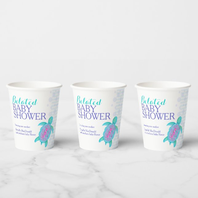 Sea turtle whimsy watercolor belated baby aqua  paper cups (Multi)