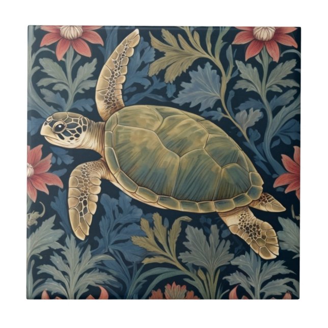 Sea Turtle William Morris style Hawaiian Tropical Tile (Front)