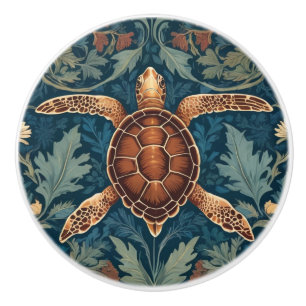 Sea Turtle William Morris style Ocean Life Floral Ceramic Knob
