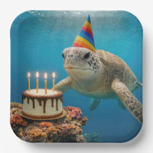 Sea Turtle with Birthday Cake Paper Plate