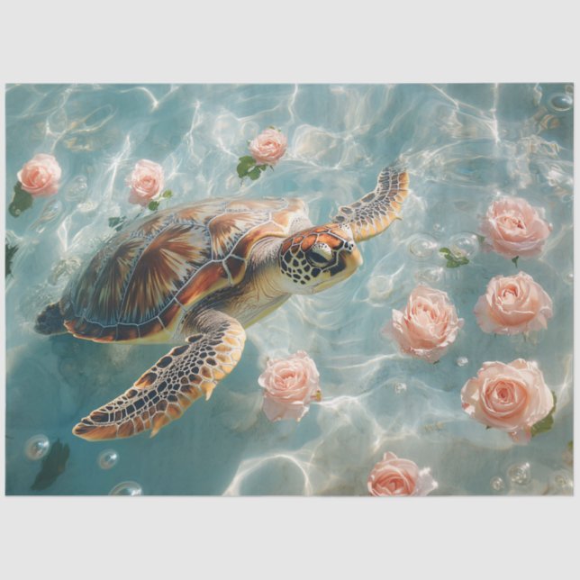 Sea Turtle with Pink Roses Decoupage Tissue Paper (Front)