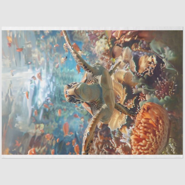 Sea Turtle with Teal Blue Ocean Decoupage Tissue Paper (Front)