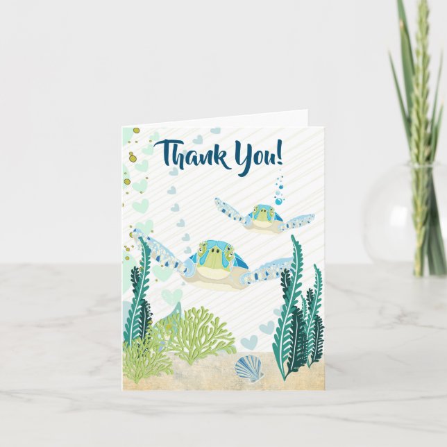 Sea Turtles and Hearts Ocean Beach Thank You Card (Front)