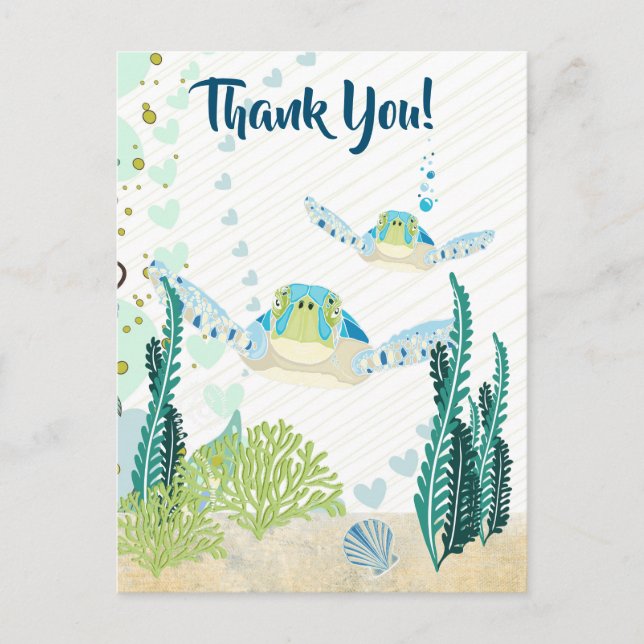 Sea Turtles and Hearts Ocean Beach Thank You Postcard (Front)