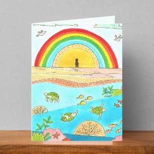 Sea Turtles and Rainbow Beach Drawing Blank Card