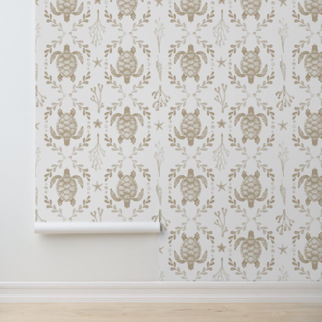 Sea Turtles and Starfish Coastal Beige Watercolor  Wallpaper (Application)