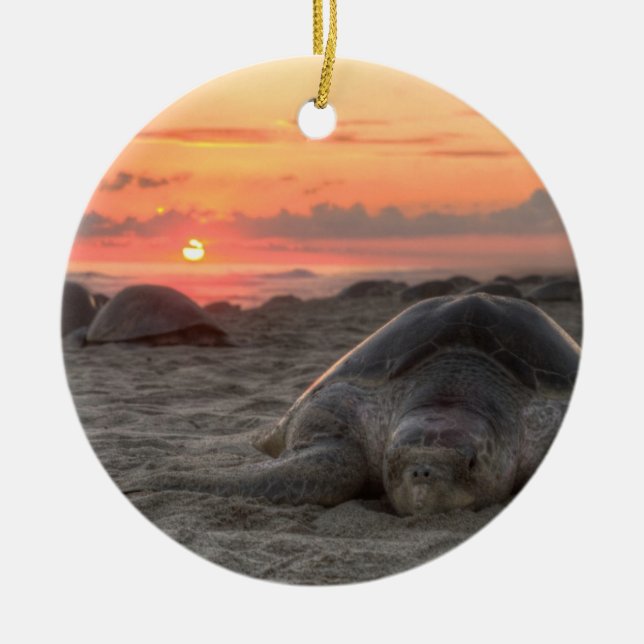 Sea Turtles at Sunset Ceramic Tree Decoration (Front)