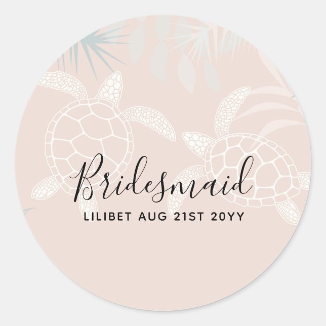 Sea Turtles Beach Coral and Turquoise Bridal Party Classic Round Sticker (Front)