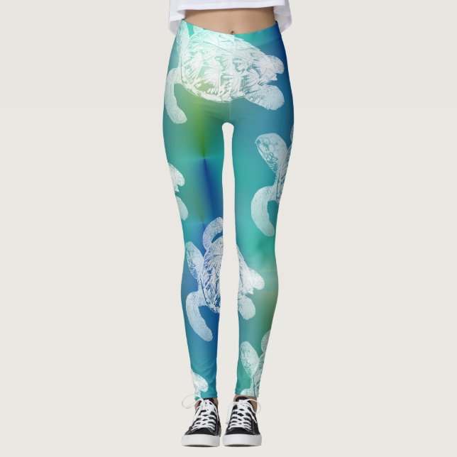 Sea Turtles Blue Aqua Leggings (Front)