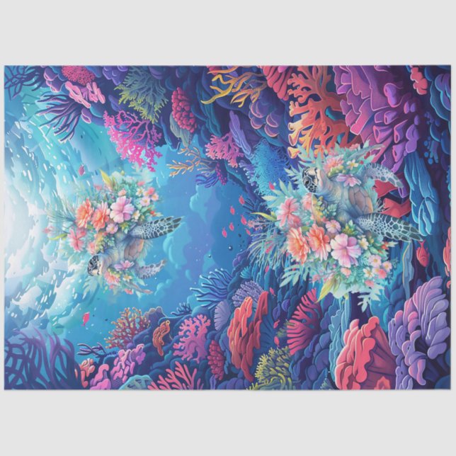 Sea Turtles In Beautiful Scenic Ocean Decoupage Tissue Paper (Front)