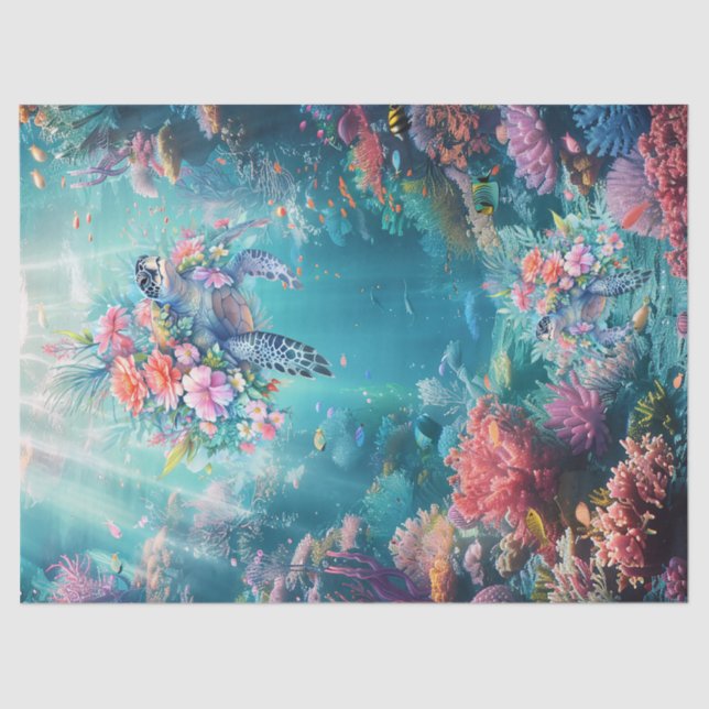 Sea Turtles In Beautiful Scenic Ocean Decoupage Tissue Paper (Front)