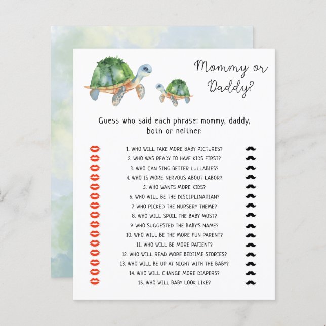 Sea Turtles - mummy or daddy baby shower game (Front/Back)
