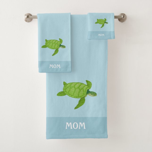 Sea turtles on teal mint green bath towel set (Insitu)