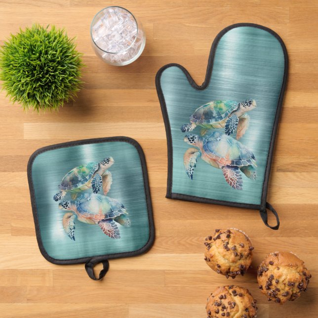 Sea Turtles Oven Mitt & Pot Holder Set (Top Down)