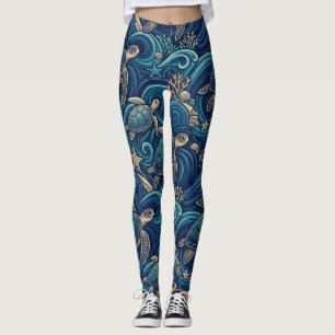 Sea Turtles, Palm Trees, and Waves Pattern Leggings