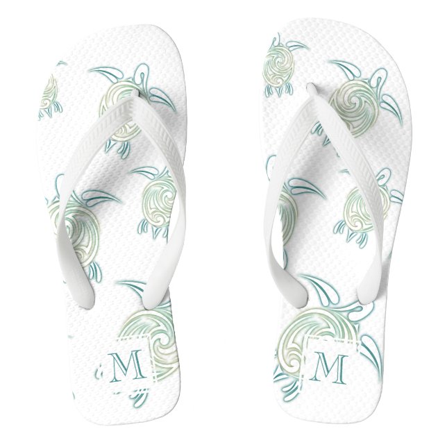 Sea Turtles Pattern White Green Monogram Jandals (Footbed)