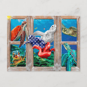Sea Turtles Swimming Into The Door Decoration Idea Postcard